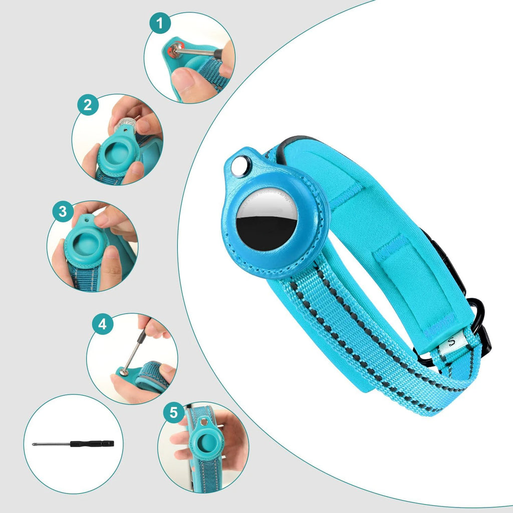 Heavy Duty Dog Collar with Adjustable AirTag Holder Case Accessories for Small Medium Large Dogs