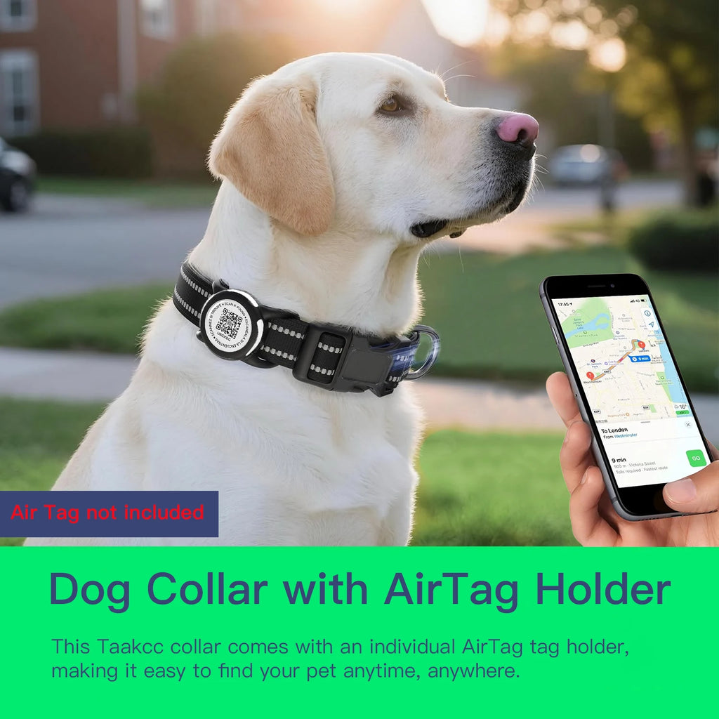Waterproof Air Tag Dog Collar with AirTag Holder& QR Code, Reflective Soft Padded & Safety Buckle, AirTag Pet Collar for Dogs