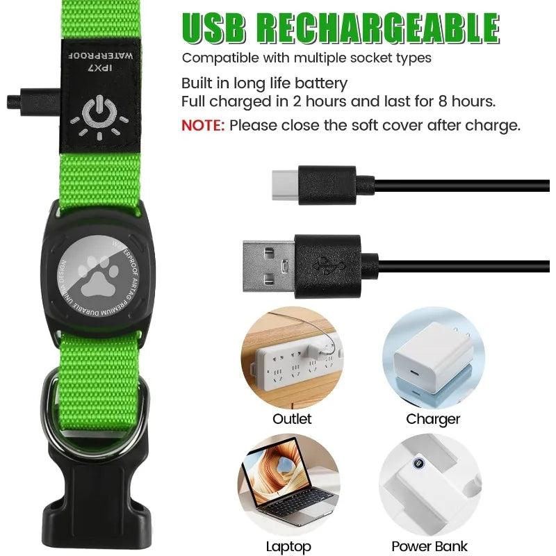 Led Luminous Heavy Duty Dog Collar with AirTag Case Rehargeable Adjustable Light Pet Collar for Small Medium Large Dogs New
