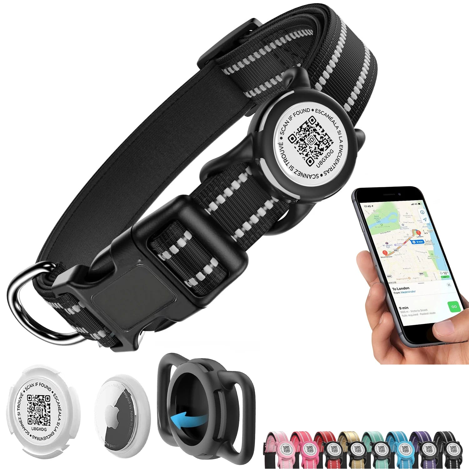 Waterproof Air Tag Dog Collar with AirTag Holder& QR Code, Reflective Soft Padded & Safety Buckle, AirTag Pet Collar for Dogs
