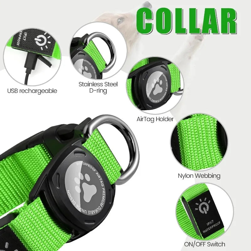Led Luminous Heavy Duty Dog Collar with AirTag Case Rehargeable Adjustable Light Pet Collar for Small Medium Large Dogs New