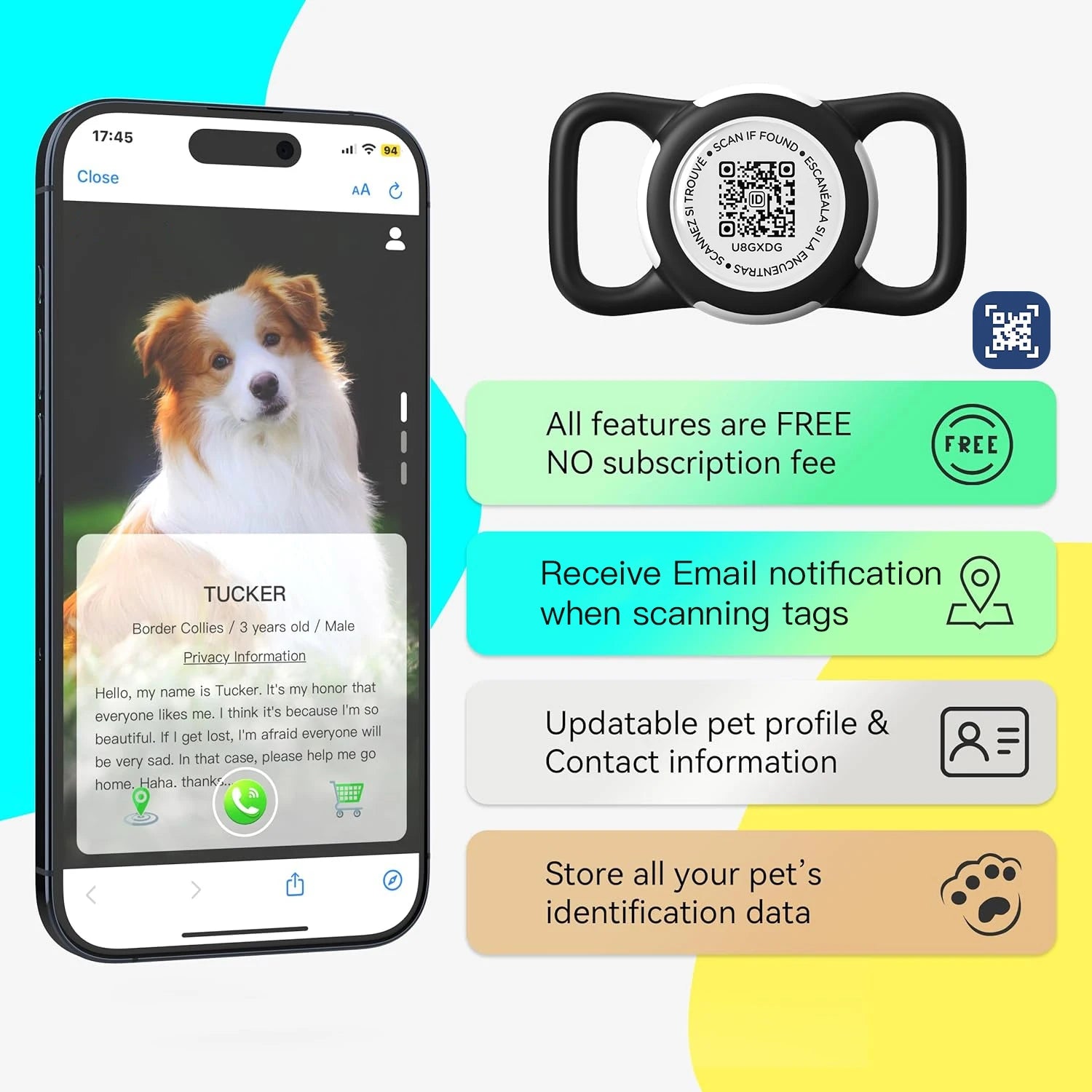 Waterproof Air Tag Dog Collar with AirTag Holder& QR Code, Reflective Soft Padded & Safety Buckle, AirTag Pet Collar for Dogs