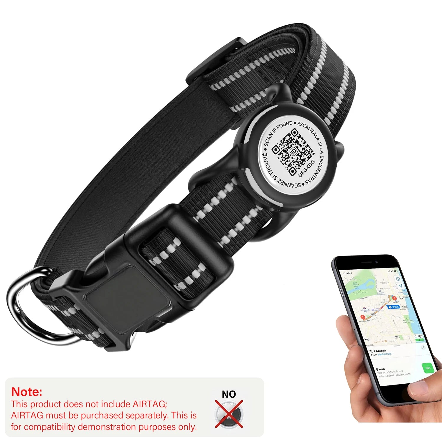 Waterproof Air Tag Dog Collar with AirTag Holder& QR Code, Reflective Soft Padded & Safety Buckle, AirTag Pet Collar for Dogs