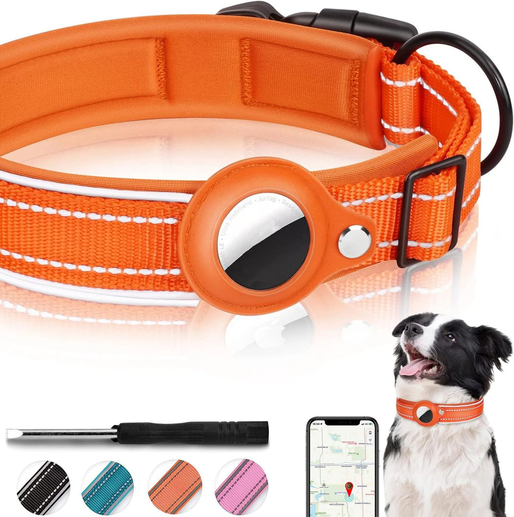 Heavy Duty Dog Collar with Adjustable AirTag Holder Case Accessories for Small Medium Large Dogs