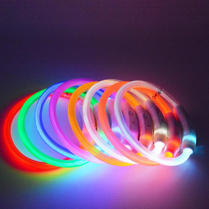 PVC LED Fiber Optic Dog Collar, USB Rechargeable Night Safety Light, Multi-Color, Available Pet Collar, 40 cm, 50 cm, 70cm, 1Pc